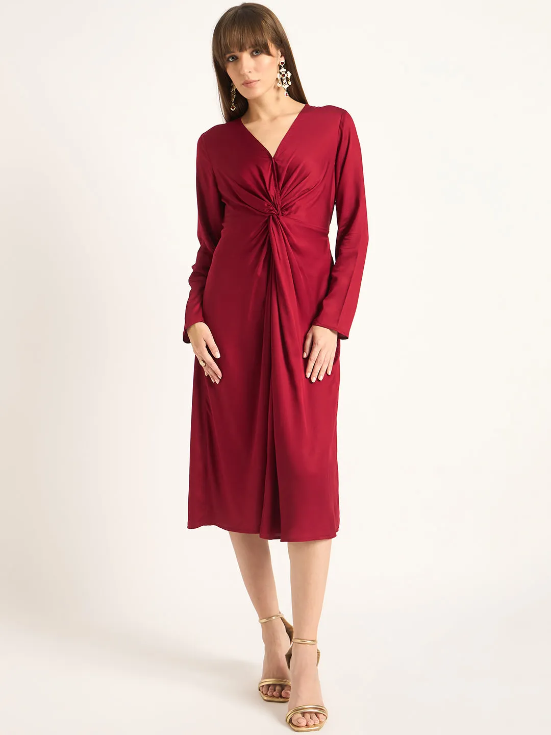 Red Front Twist Detail Midi Dress