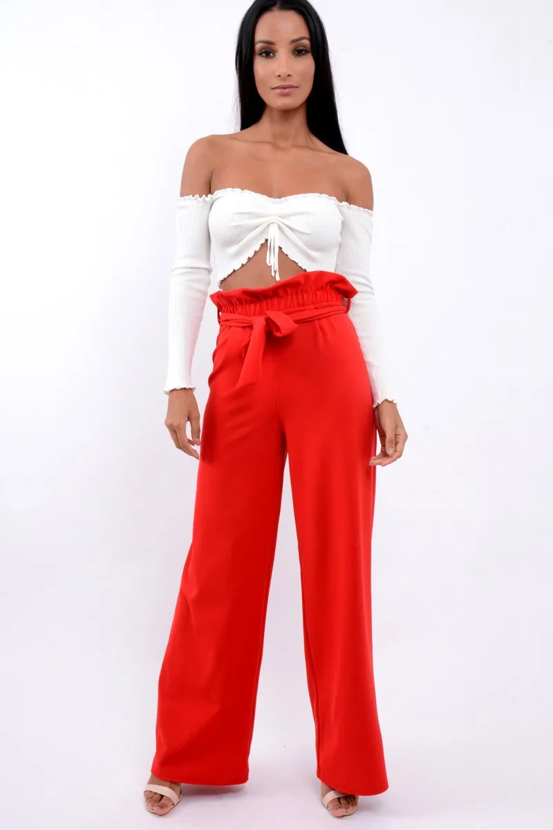 Red Paper Bag Tie Waist Wide Leg Trousers - Kennedy