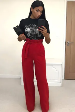 Red Paper Bag Tie Waist Wide Leg Trousers - Kennedy