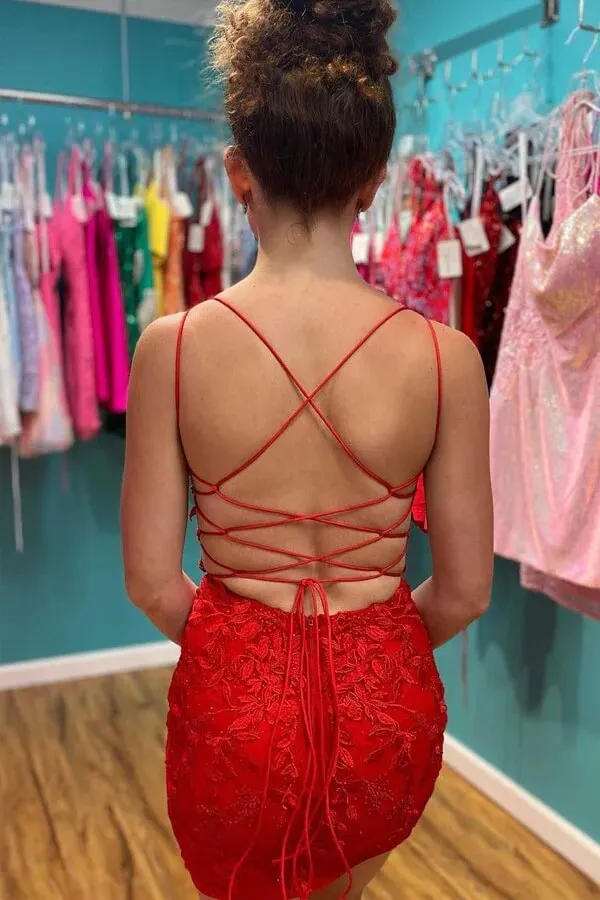 Red Sheath V Neck Lace Up Lace Appliques Short Homecoming Dresses, MH579