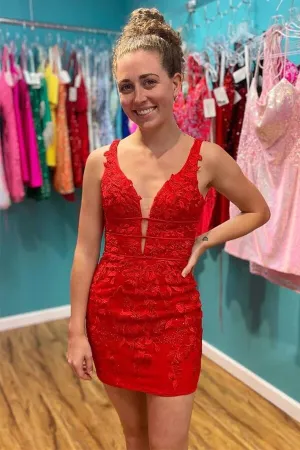 Red Sheath V Neck Lace Up Lace Appliques Short Homecoming Dresses, MH579