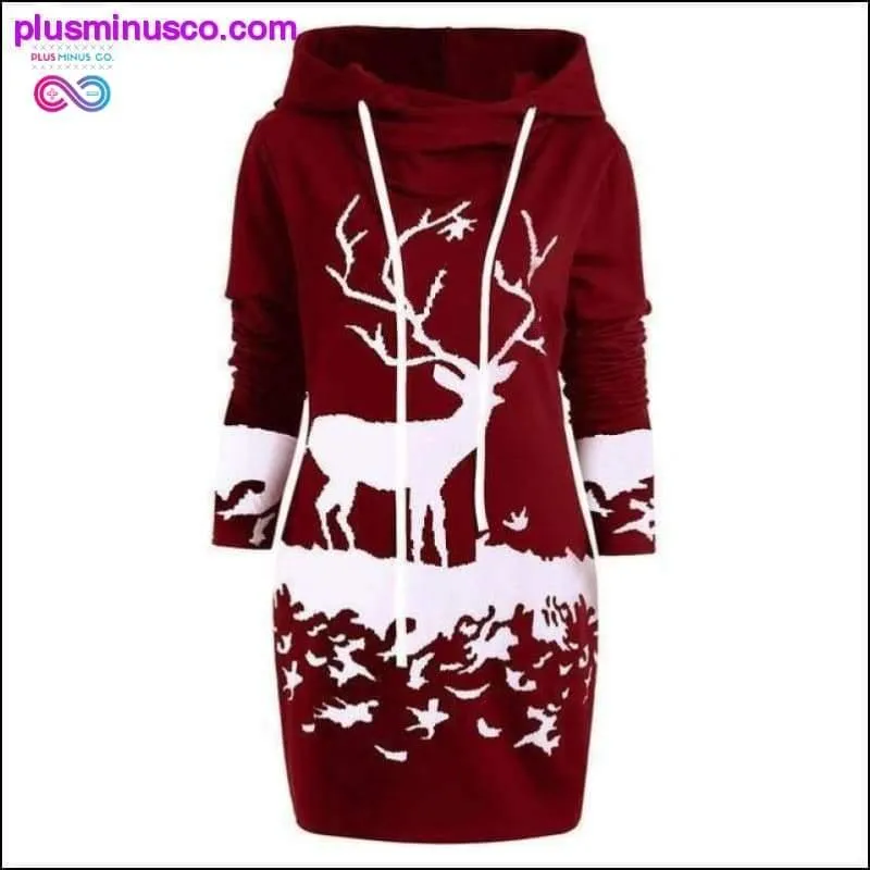 Reindeer Hooded Drawstring Mini Dress at PlusMinusCo.com