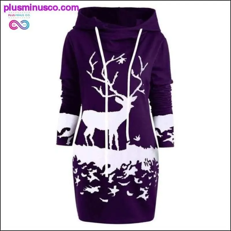 Reindeer Hooded Drawstring Mini Dress at PlusMinusCo.com
