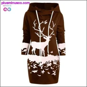 Reindeer Hooded Drawstring Mini Dress at PlusMinusCo.com
