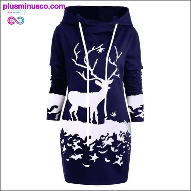 Reindeer Hooded Drawstring Mini Dress at PlusMinusCo.com