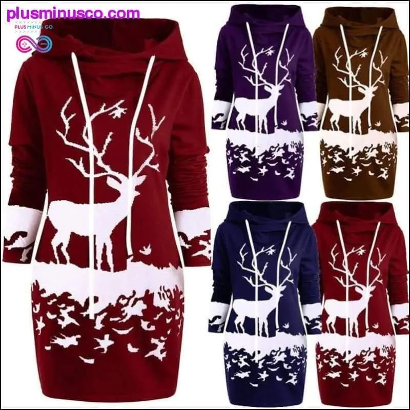 Reindeer Hooded Drawstring Mini Dress at PlusMinusCo.com