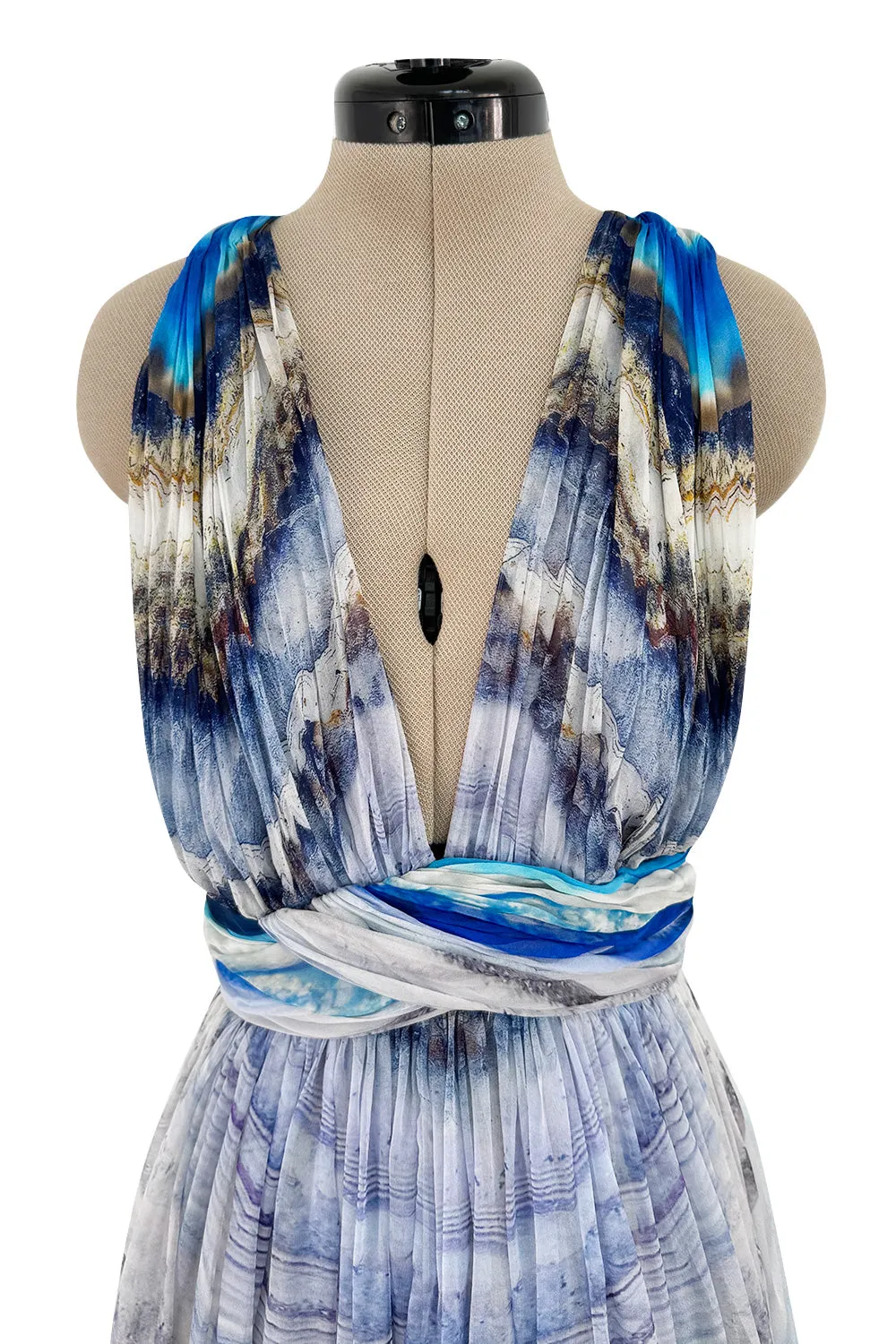 Resort 2010 Alexander McQueen Silk Chiffon Blue Print Dress w Plunging Front & Open Back