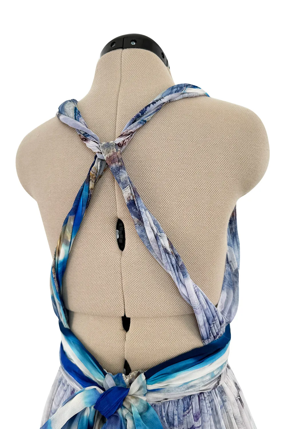 Resort 2010 Alexander McQueen Silk Chiffon Blue Print Dress w Plunging Front & Open Back