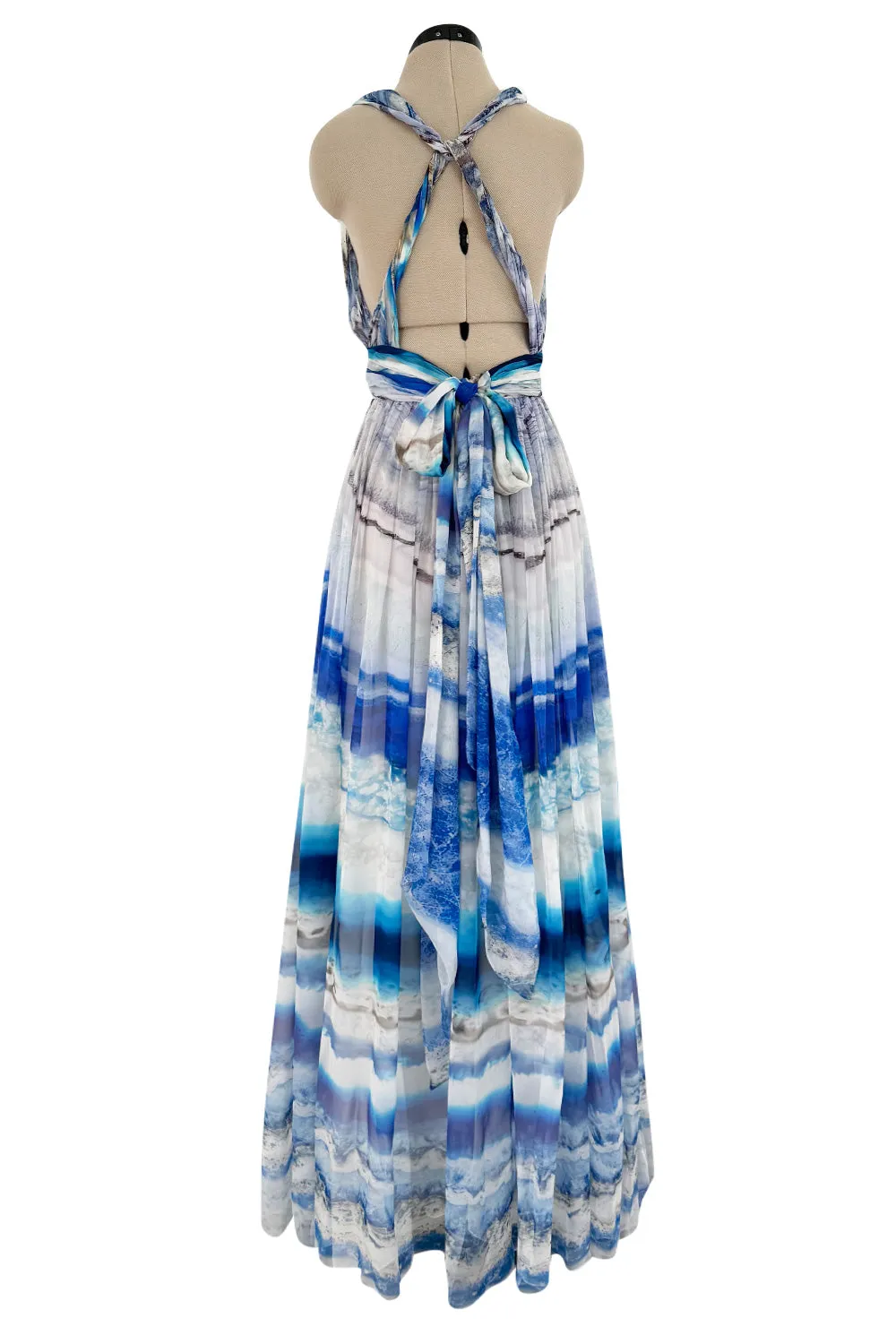 Resort 2010 Alexander McQueen Silk Chiffon Blue Print Dress w Plunging Front & Open Back