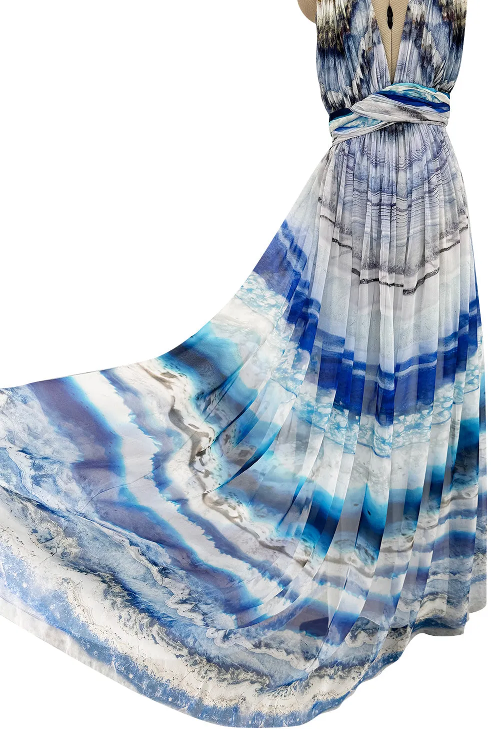 Resort 2010 Alexander McQueen Silk Chiffon Blue Print Dress w Plunging Front & Open Back