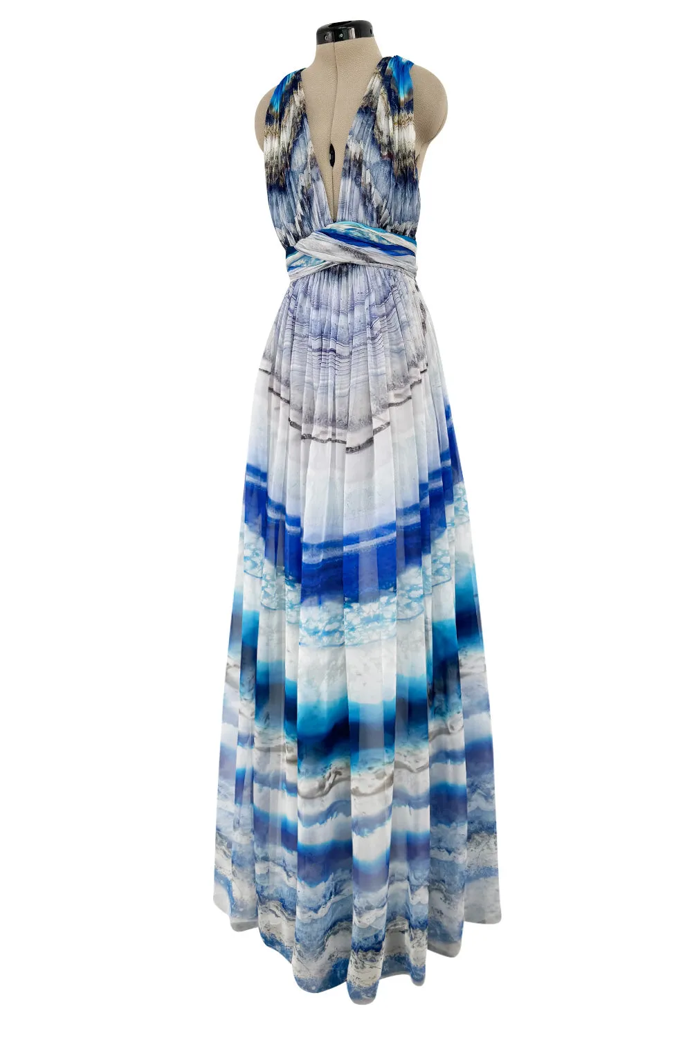 Resort 2010 Alexander McQueen Silk Chiffon Blue Print Dress w Plunging Front & Open Back