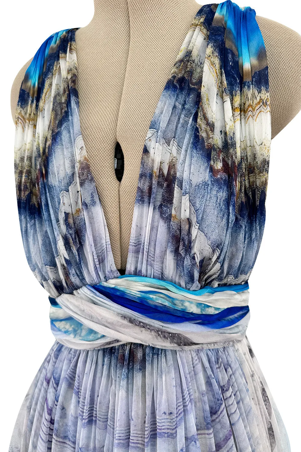 Resort 2010 Alexander McQueen Silk Chiffon Blue Print Dress w Plunging Front & Open Back