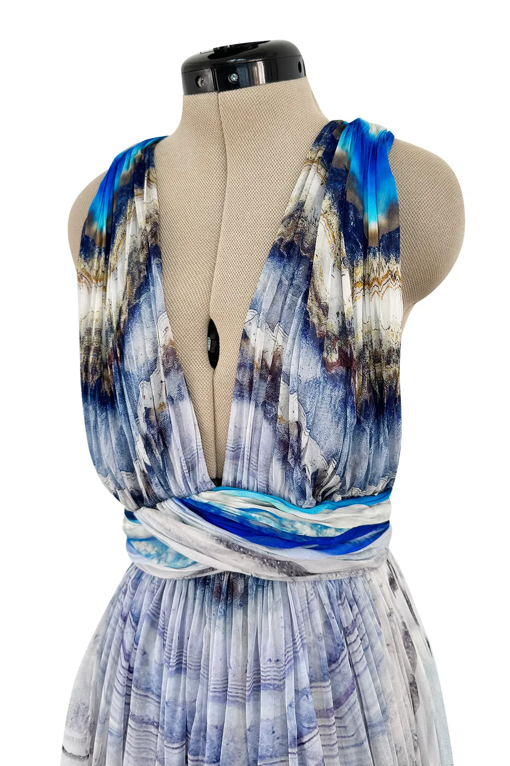 Resort 2010 Alexander McQueen Silk Chiffon Blue Print Dress w Plunging Front & Open Back
