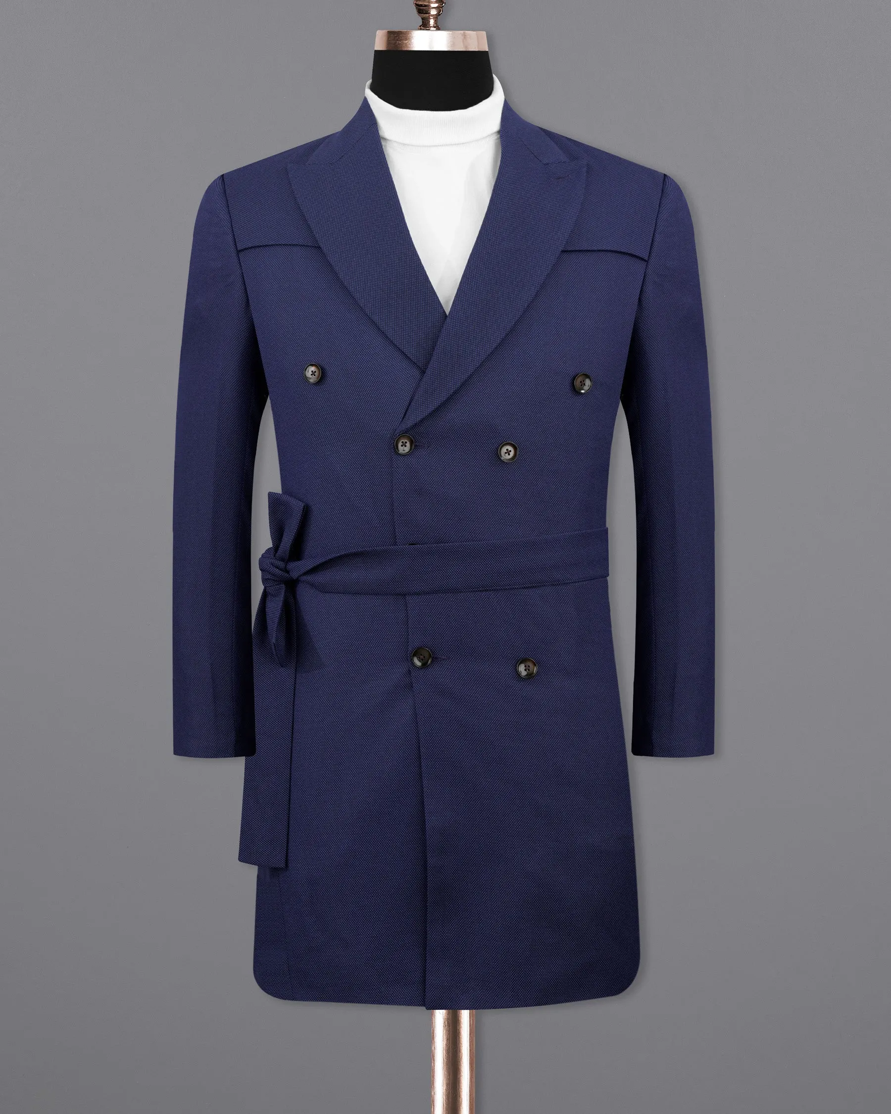 Rhino Navy Blue Double Breasted with Belt Closure Designer Trench Coat