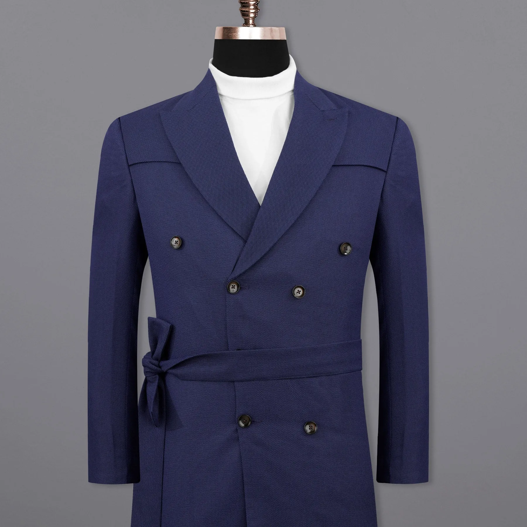 Rhino Navy Blue Double Breasted with Belt Closure Designer Trench Coat