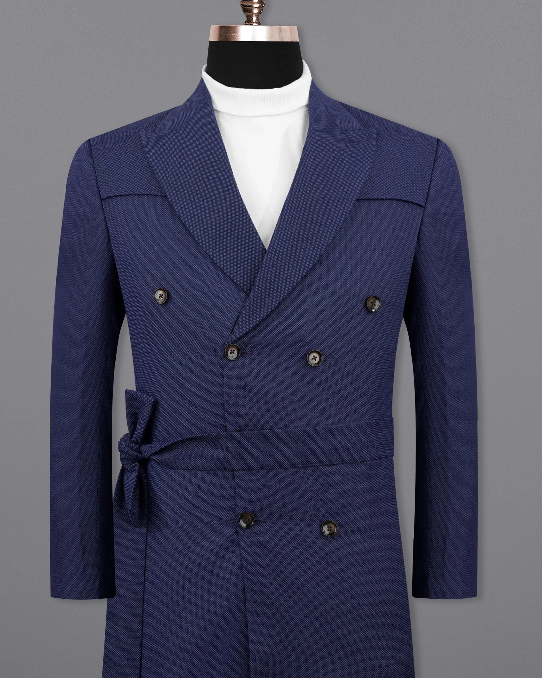 Rhino Navy Blue Double Breasted with Belt Closure Designer Trench Coat