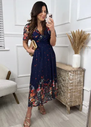 Rihanna Navy Mirrored Floral Maxi Dress