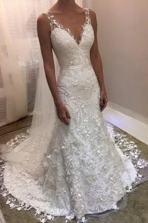 Romantic Floral Wedding Gown with V-neckline