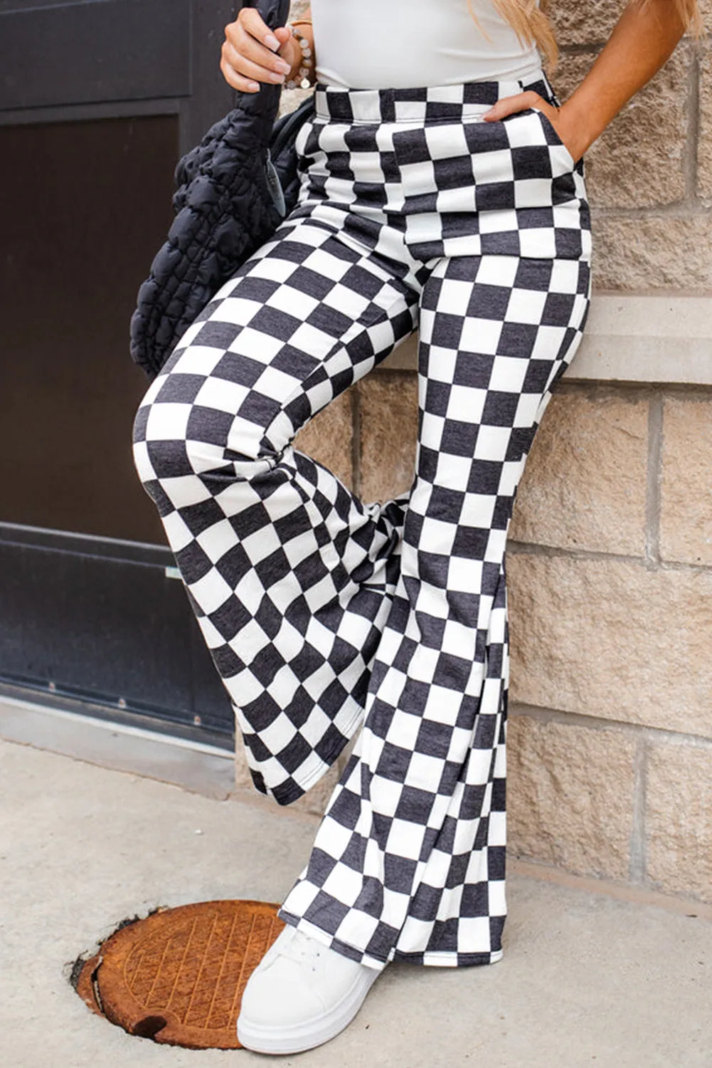 Rose Checkered Print Side Slit High Waist Midi Skirt