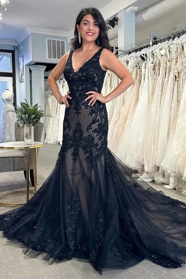 Roycebridal Black Tulle Sheath V-neck Lace Appliques Wedding Dresses, Bridal Gown, MW978