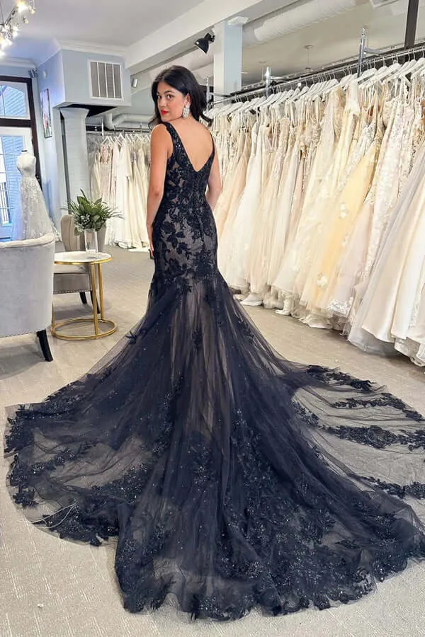 Roycebridal Black Tulle Sheath V-neck Lace Appliques Wedding Dresses, Bridal Gown, MW978