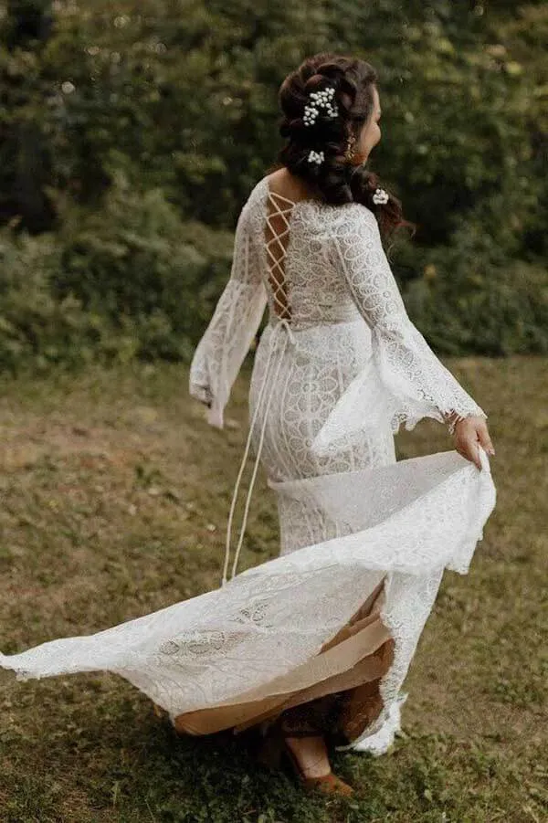 Roycebridal Sheath Long Sleeves Lace up Back Beach Wedding Dresses, Bridal Gown, MW741