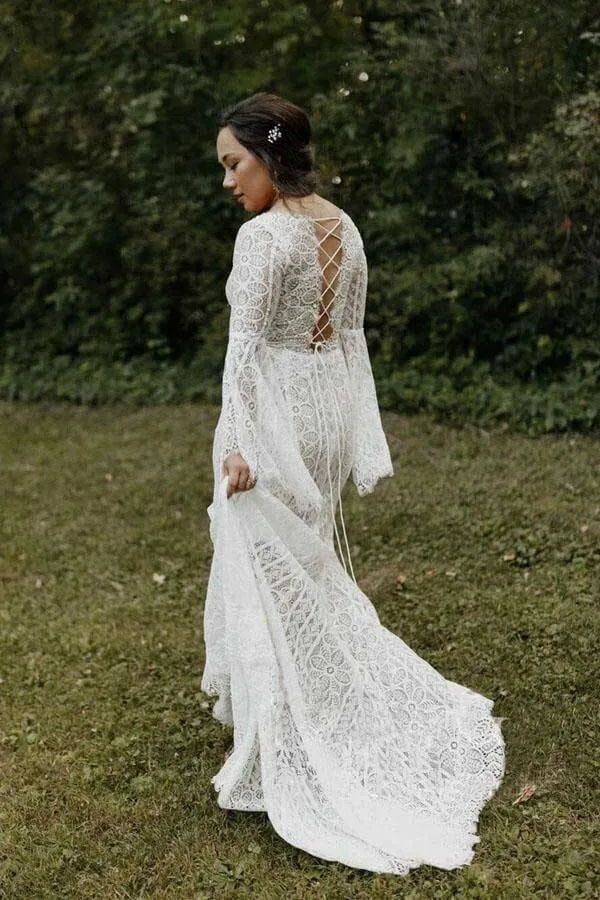 Roycebridal Sheath Long Sleeves Lace up Back Beach Wedding Dresses, Bridal Gown, MW741