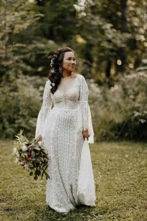 Roycebridal Sheath Long Sleeves Lace up Back Beach Wedding Dresses, Bridal Gown, MW741