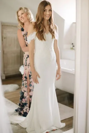 Roycebridal Sheath Satin Lace Off-the-Shoulder Wedding Dresses With Sweep Train, MW745