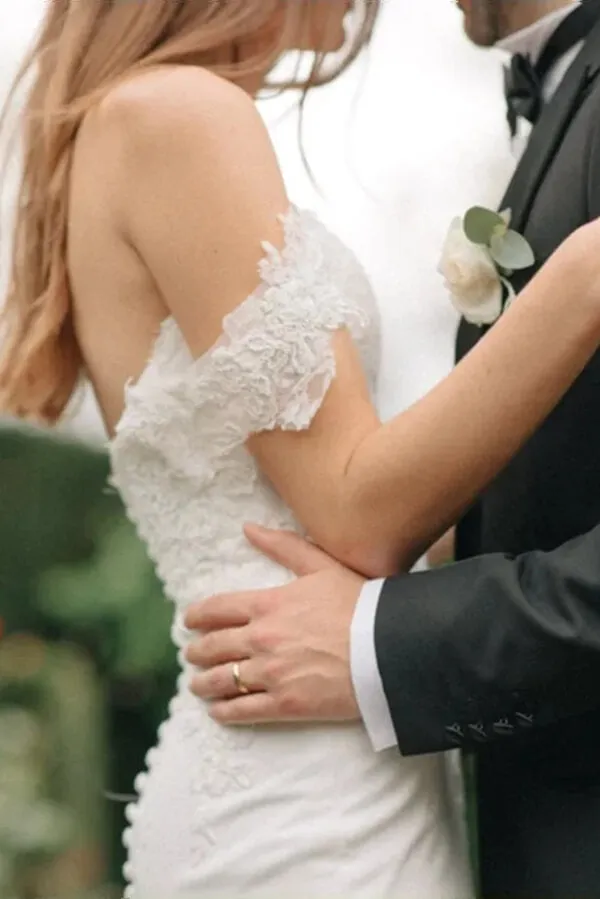 Roycebridal Sheath Satin Lace Off-the-Shoulder Wedding Dresses With Sweep Train, MW745