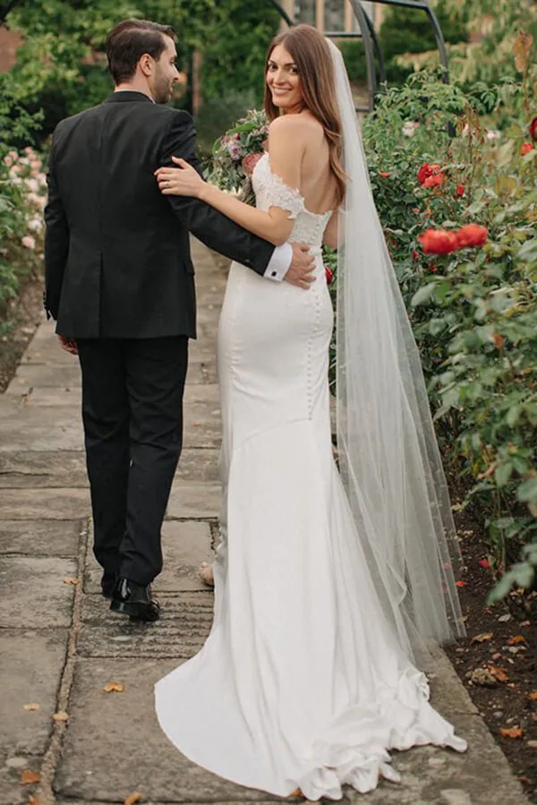 Roycebridal Sheath Satin Lace Off-the-Shoulder Wedding Dresses With Sweep Train, MW745