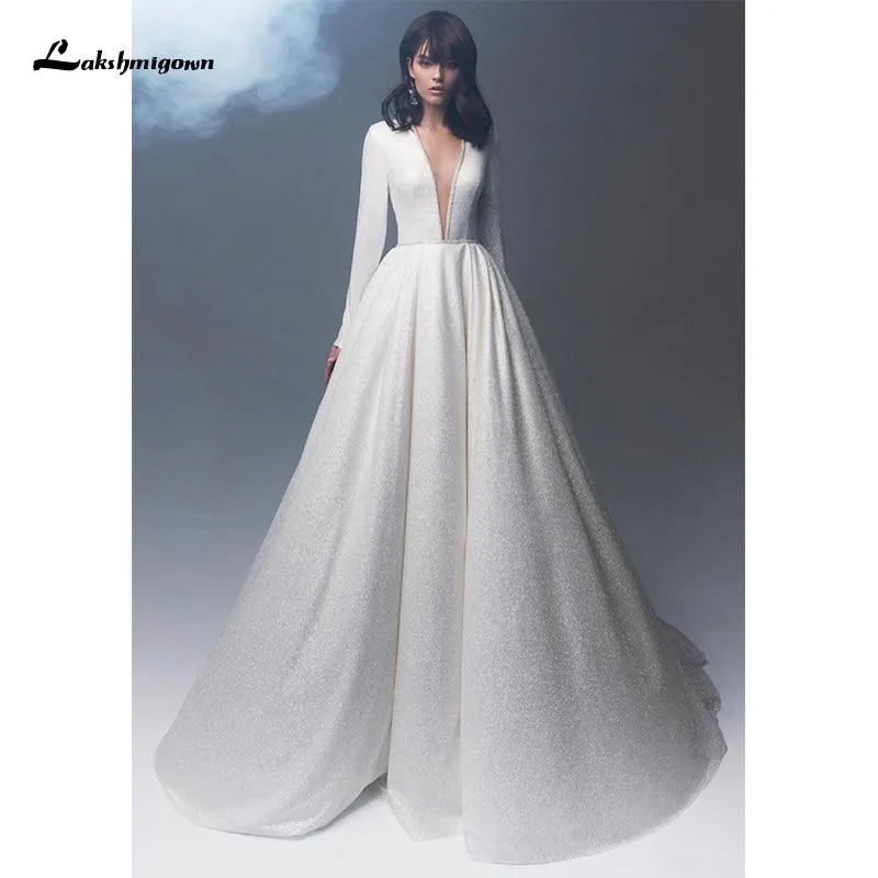 Roycebridal Simple Long Sleeve V Neck A-Line Wedding Dresses
