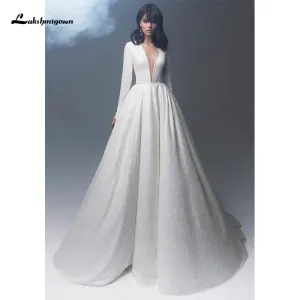 Roycebridal Simple Long Sleeve V Neck A-Line Wedding Dresses