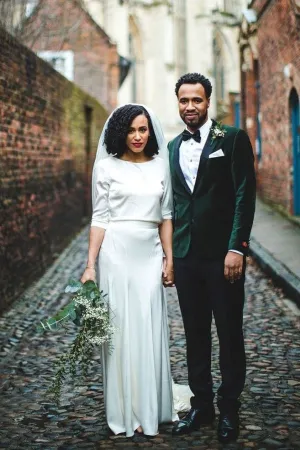 Roycebridal Simple Long Sleeves Style Wedding Gown Ivory Satin Sheath Wedding Dress,MW348