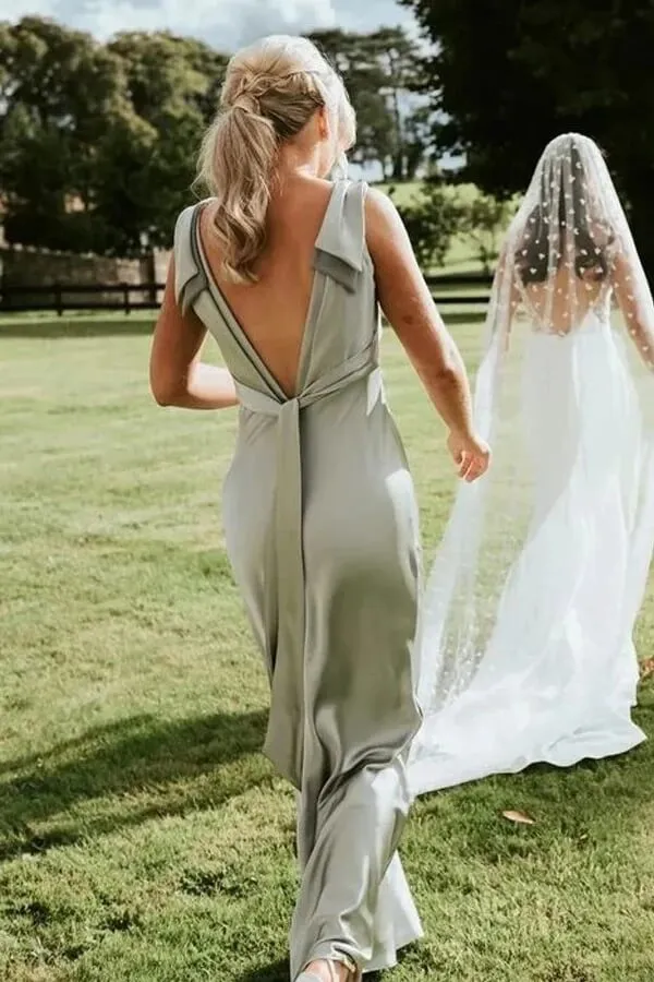 Sage Green Sheath V-neck Long Bridesmaid Dresses With Bow Tie, MBD270
