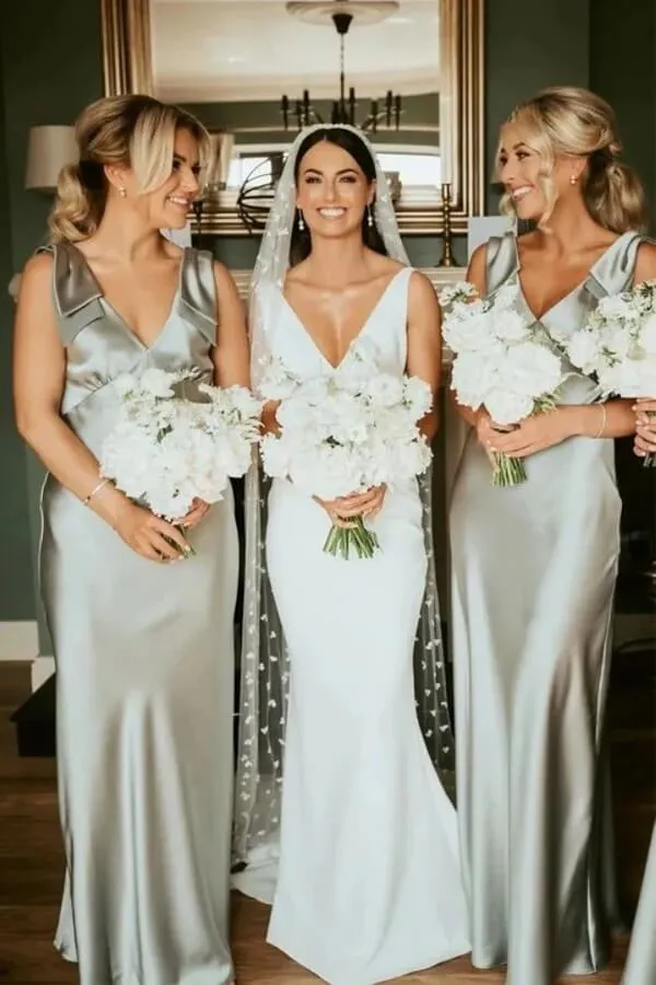 Sage Green Sheath V-neck Long Bridesmaid Dresses With Bow Tie, MBD270