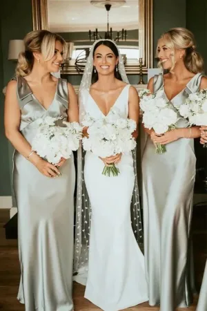 Sage Green Sheath V-neck Long Bridesmaid Dresses With Bow Tie, MBD270