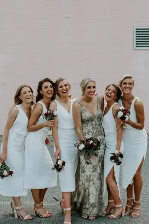 Satin Sheath V-neck Tea-Length Bridesmaid Dresses With Slit, MBD195
