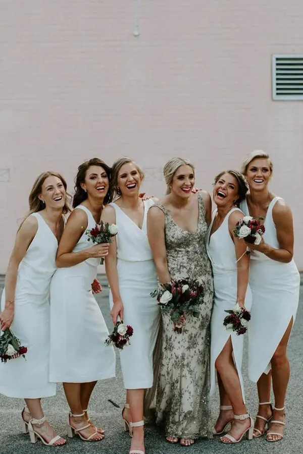 Satin Sheath V-neck Tea-Length Bridesmaid Dresses With Slit, MBD195