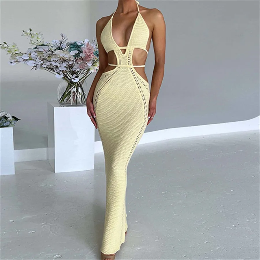 Sexy Backless Halter Tie-up Club/Beach Dress Cutout Waist Wrapped Bodycon Dress Clubwear