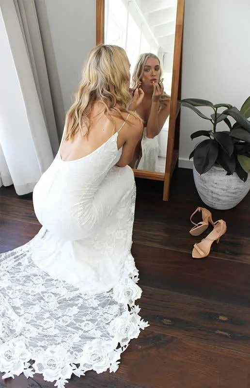 Sexy Beach Open Back Spaghetti Strap Lace Sheath Wedding Dress with Side Split-715353