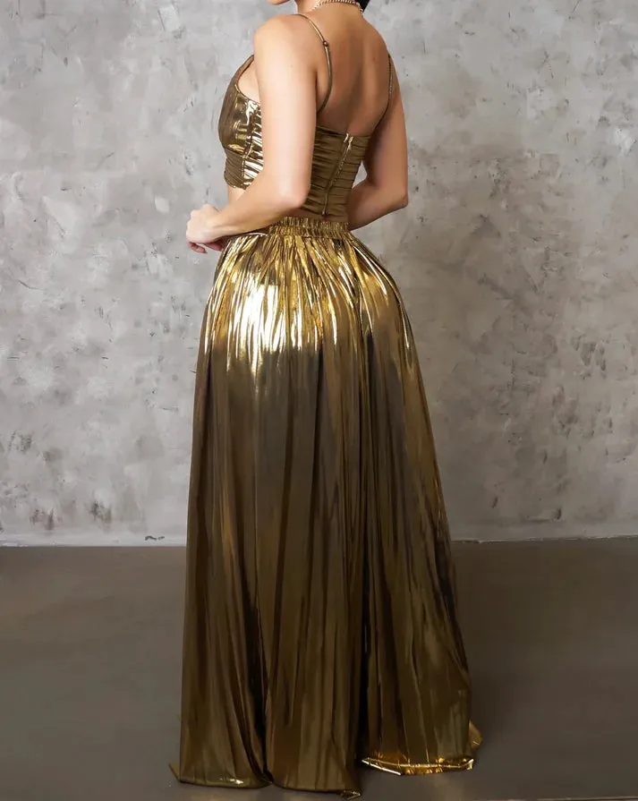 Sexy Golden Yellow A-Line Spaghetti Strap Pleats Long Prom Dresses,WGP436