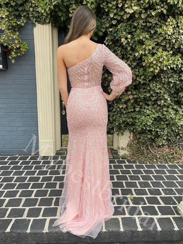 Sexy One shoulder Sleeveless Side slit Sheath Prom Dresses,PDS0996