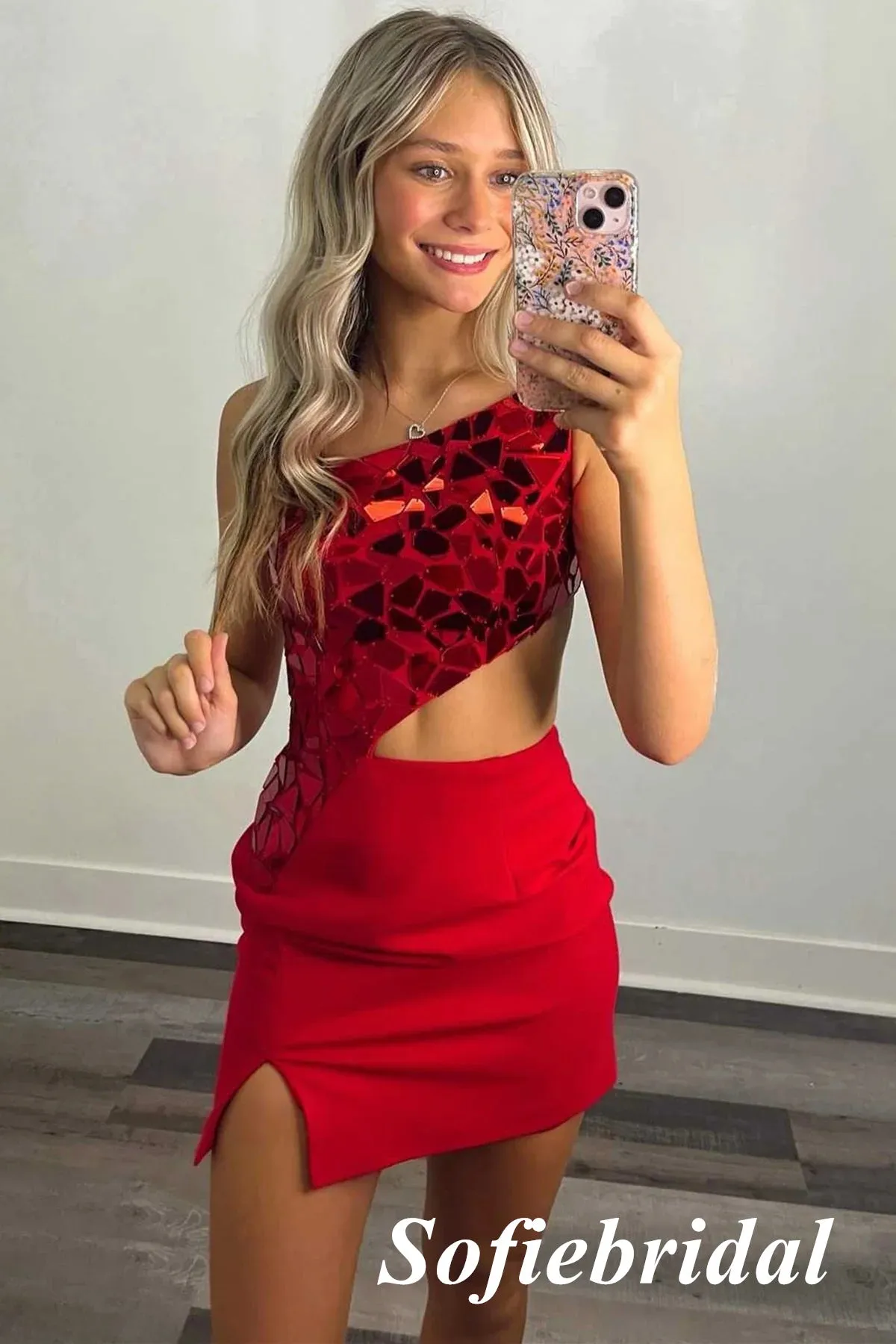 Sexy Red One Shoulder Sheath Mini Dresses/ Homecoming Dresses With Split, HD0240