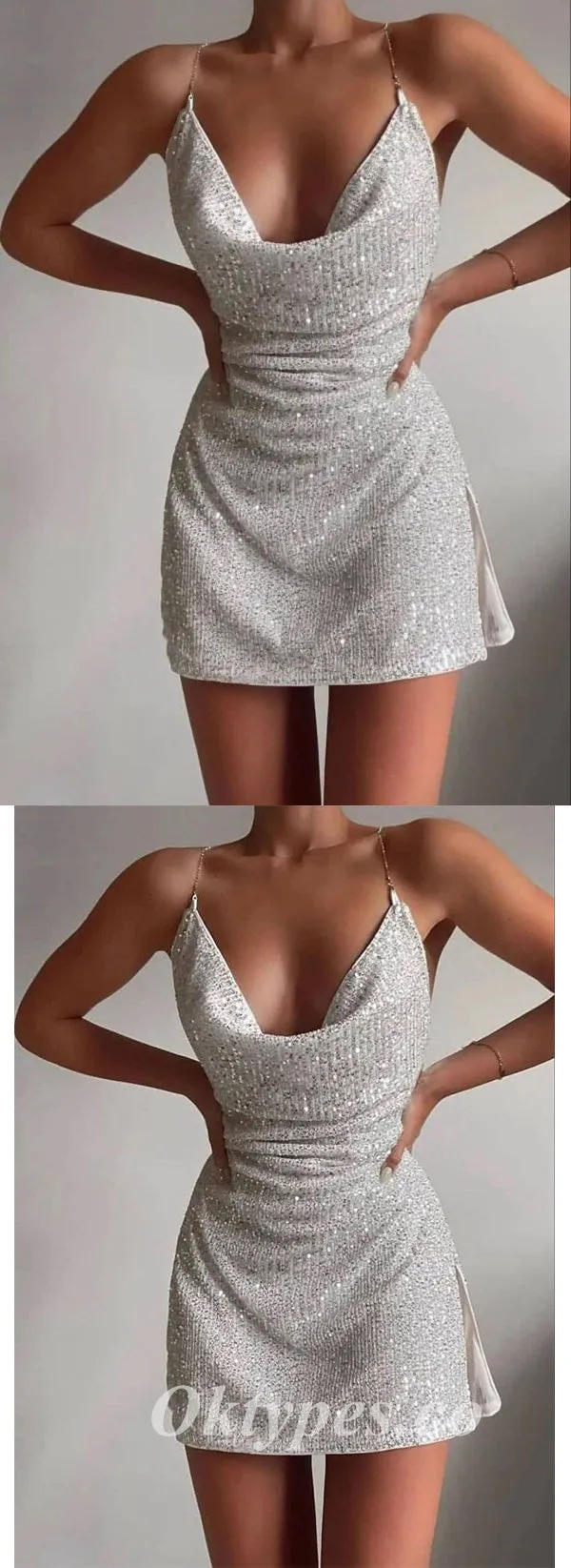 Sexy Shiny White Sequin Spaghetti Straps Cowl Sleeveless Sheath Prom Dresses/Homecoming Dresses ,PDS0489