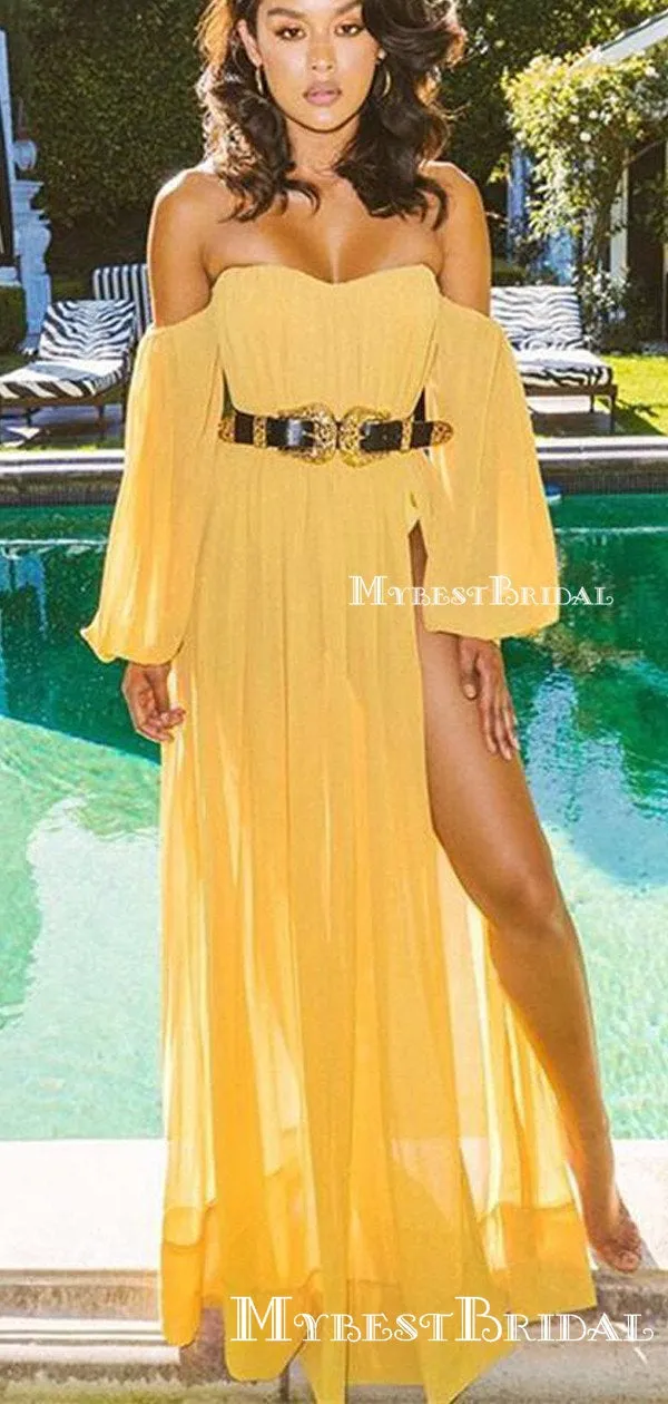 Sexy Simple Off-The-Shoulder Long Sleeves Chiffon Long High Side Slit Cheap Charming Prom Dresses, PDS0008