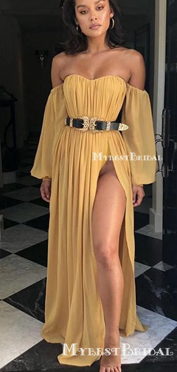 Sexy Simple Off-The-Shoulder Long Sleeves Chiffon Long High Side Slit Cheap Charming Prom Dresses, PDS0008