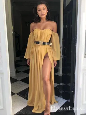 Sexy Simple Off-The-Shoulder Long Sleeves Chiffon Long High Side Slit Cheap Charming Prom Dresses, PDS0008