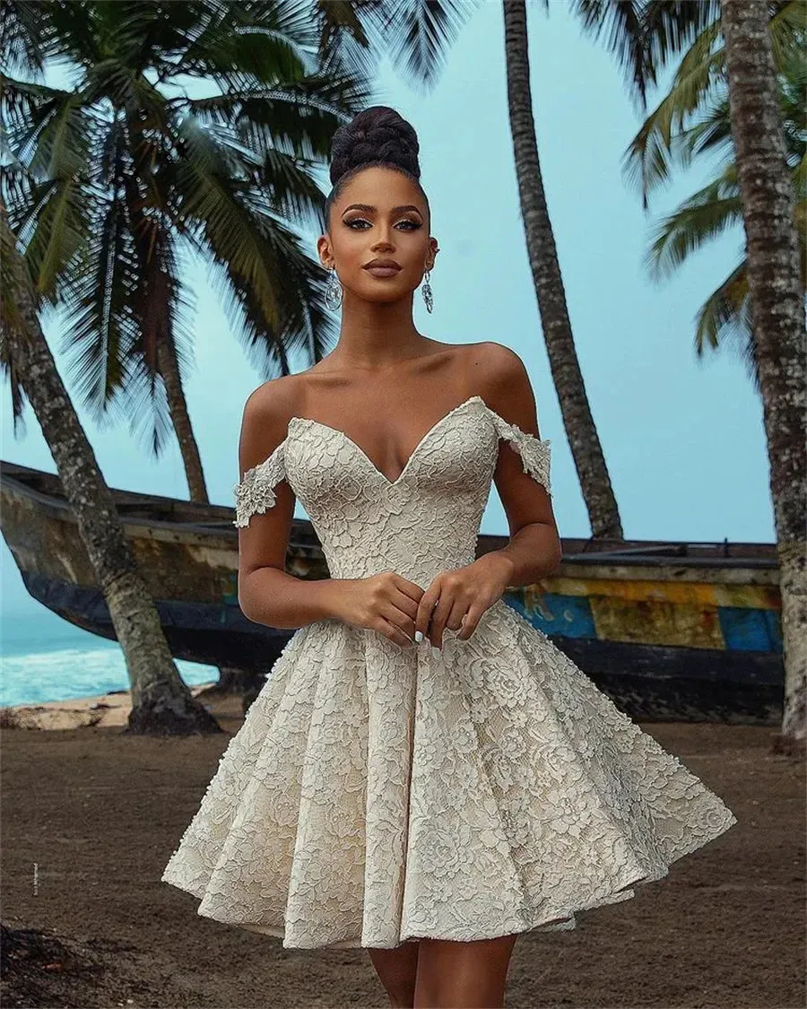 Sexy Unique Off the Shoulder Short Bridal Dresses Full Lace A Line Mini Wedding Dress Ruffles Skirt Bride Mini Cocktail Dress