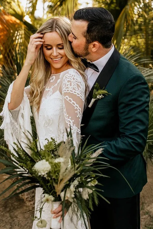 Sheath Bateau Long Sleeve Wedding Dresses Boho Country Bridal Dresses,MW503